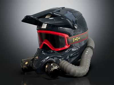 Dark Colored Protective Helmet With Red Goggles And Breathing Tube Strap 3d model