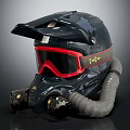 Dark Colored Protective Helmet With Red Goggles And Breathing Tube Strap