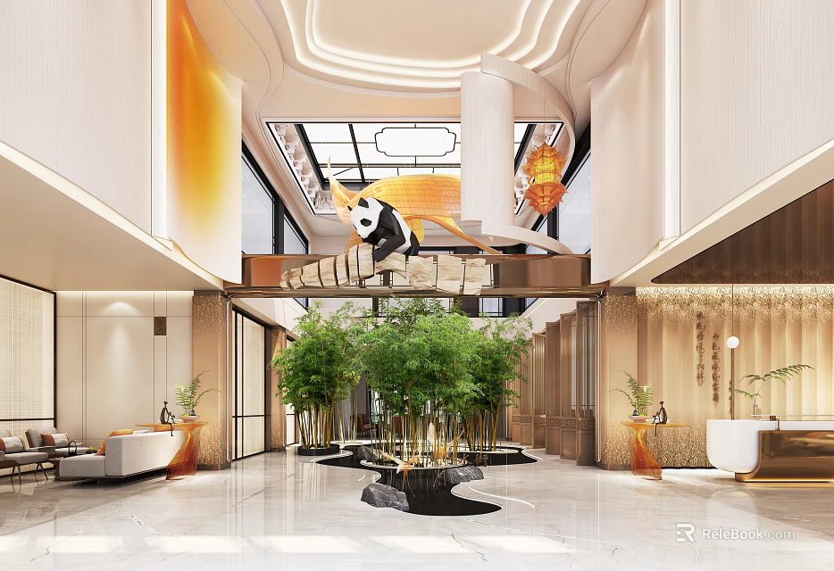 Modern Sales Office Interior Design With Bamboo Plants Fountain And Marble Flooring 3d model 