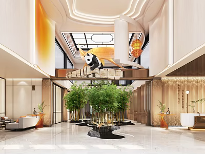 Modern Sales Office Interior Design With Bamboo Plants Fountain And Marble Flooring 3d model