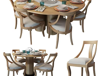Light Wood Dining Table Set With Round Table And Upholstered Chairs For Home Dining 3d model