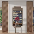 Chinese Style Wooden Partition With Carved Lattice Design Framed Painting And Red Vase Decor