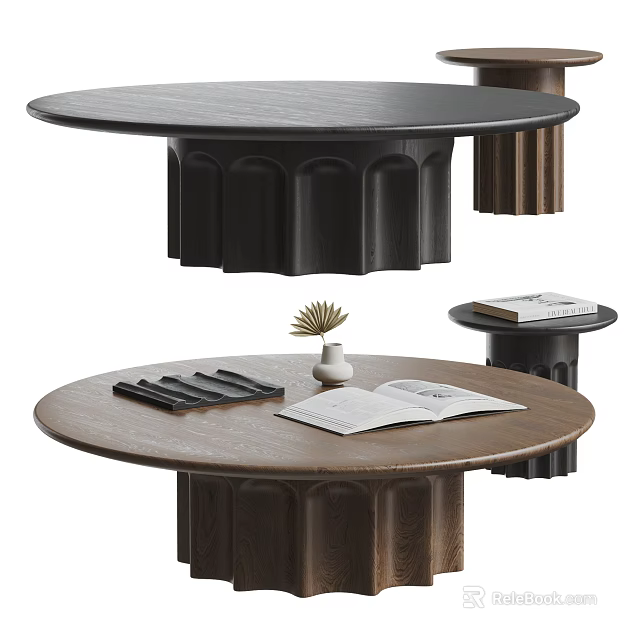 Dark Brown Round Coffee Table With Wooden Design Open Book And Small Plant 3d model 