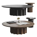 Dark Brown Round Coffee Table With Wooden Design Open Book And Small Plant