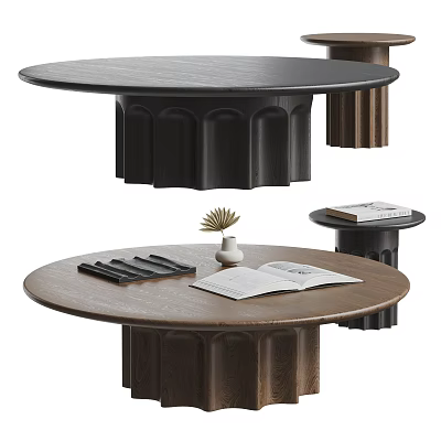 Dark Brown Round Coffee Table With Wooden Design Open Book And Small Plant 3d model