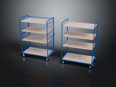 Two Blue Frame Multi Layer Display Shelves With Wheels And Wooden Layers 3d model