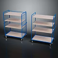 Two Blue Frame Multi Layer Display Shelves With Wheels And Wooden Layers 3d model