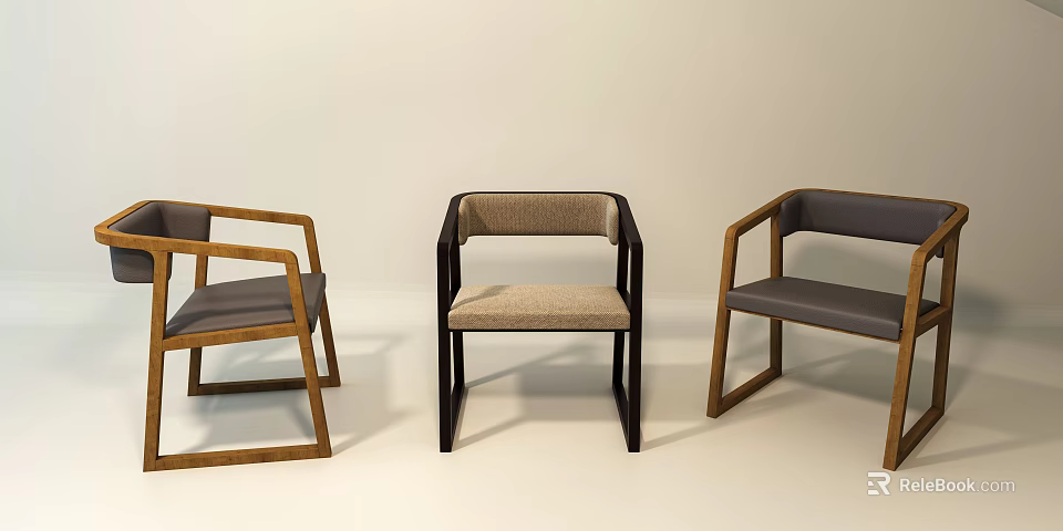 Three Modern Leisure Accent Chairs Featuring Wooden Frames And Fabric Seats 3d model 