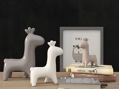 Decorative Ornament Set With Gray White Giraffe Pink Llama Figurines Photo Frame On Books 3d model