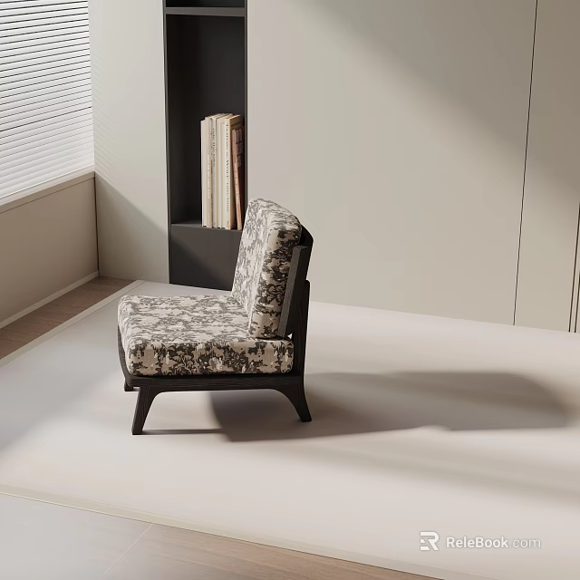 Floral Fabric Upholstered Accent Chair with Wooden Frame In Bright Minimalist Room With Bookshelf 3d model 