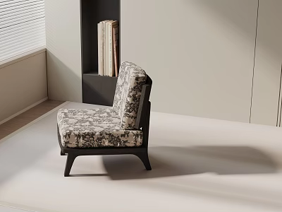 Floral Fabric Upholstered Accent Chair with Wooden Frame In Bright Minimalist Room With Bookshelf 3d model