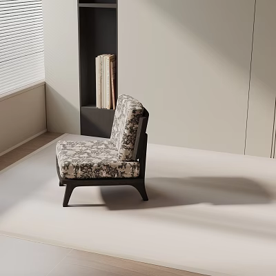 Floral Fabric Upholstered Accent Chair with Wooden Frame In Bright Minimalist Room With Bookshelf 3d model