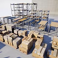 Industrial Equipment Warehouse Storage Systems With Metal Shelves Cardboard Boxes Transport Trolleys And Wooden Pallets