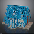Blue Building Frame Model Of House Structure With Red Door And Foundation Base