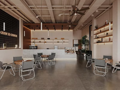 Cherry Coffee Shop Modern Interior Design With Tables Chairs Bar Counter Shelves And Green Plant 3d model