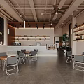 Cherry Coffee Shop Modern Interior Design With Tables Chairs Bar Counter Shelves And Green Plant