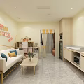 Cozy Bright Kids Home Interior With Sofa Coffee Table Bookshelf And Kitchen Area