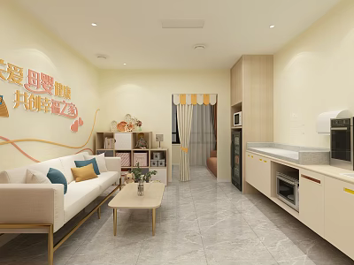 Cozy Bright Kids Home Interior With Sofa Coffee Table Bookshelf And Kitchen Area 3d model