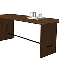 Wooden Dining Table With Brown Top And Metal Crossbar Legs Featuring White Decorative Object