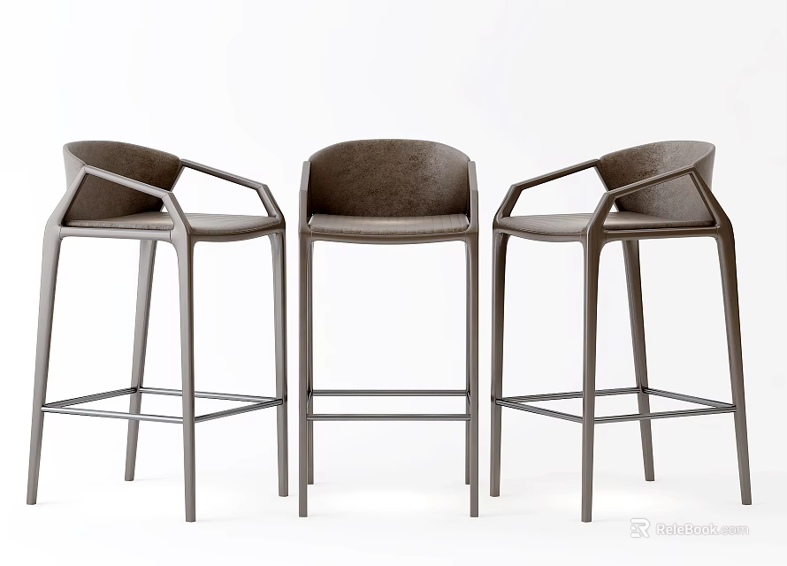 Modern Bar Stools With Metal Frame Leather Seats And Armrest Design Set of Three 3d model 