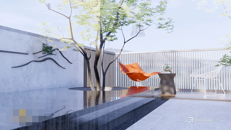Modern Garden Design With Orange Hanging Chair Water Pool Tree Stone Wall And Wooden Screen 3d model 