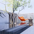 Modern Garden Design With Orange Hanging Chair Water Pool Tree Stone Wall And Wooden Screen
