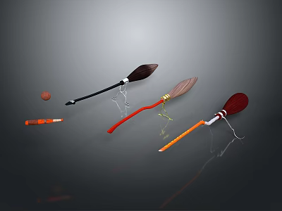 Colorful Brooms With Assorted Handle Colors Orange Ball And Small Tool 3d model