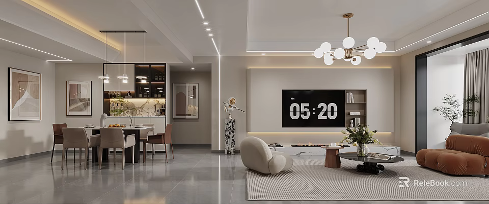 Modern Living Dining Room Interior With Sofa TV Wall Dining Table Chandelier And Area Rug 3d model 
