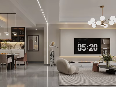 Modern Living Dining Room Interior With Sofa TV Wall Dining Table Chandelier And Area Rug 3d model