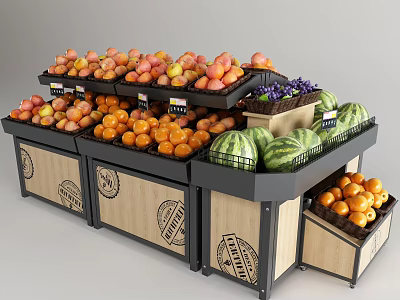 Sturdy Display Shelves With Wooden Metal Frames Holding Fresh Apples Oranges Watermelons Grapes 3d model