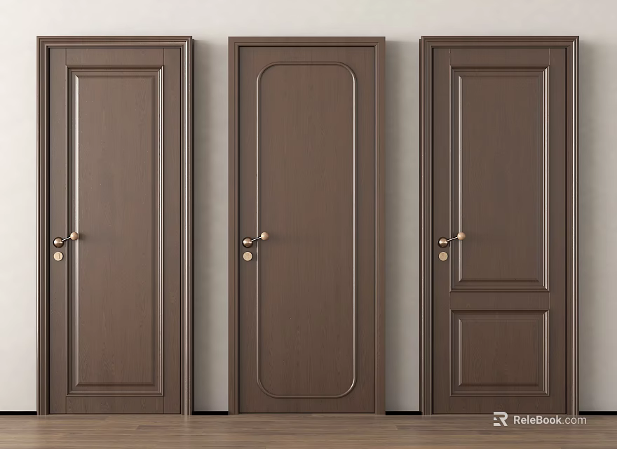 Three Brown Wooden Hinged Doors with Various Panel Designs and Metal Handles Against Light Wall 3d model 