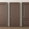 Three Brown Wooden Hinged Doors with Various Panel Designs and Metal Handles Against Light Wall