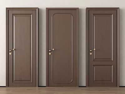 Three Brown Wooden Hinged Doors with Various Panel Designs and Metal Handles Against Light Wall 3d model