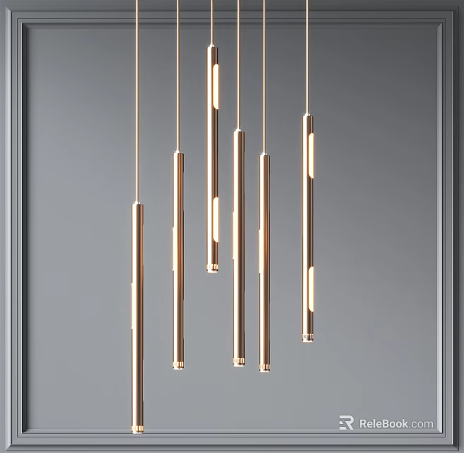 Modern Linear Brass Pendant Lights With Multiple Slim Rods In Interior Design 3d model