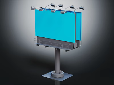 Outdoor Illuminated Billboard Structure With Support Pole Top Lights And Platform Railing 3d model