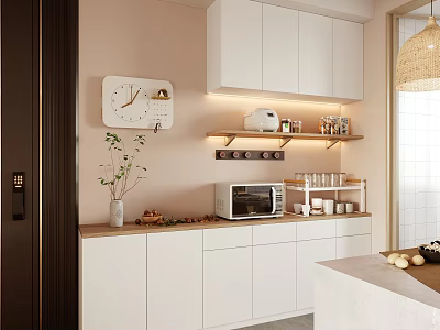 Minimalist Modern White Sideboard With Shelves Microwave Cups Wall Clock And Potted Plant 3d model