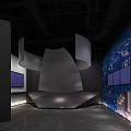 Modern Exhibition Hall With M Shaped LED Light Strips And World Map Wall Displays