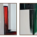 Abstract Paintings With Red Black Green Strokes White Background And Gold Frames 3d model