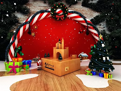 Christmas Decorative Scene Featuring Candy Cane Arch Wooden Castle Model Tree And Gifts 3d model
