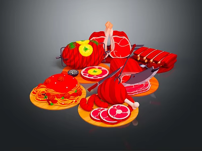Fresh Raw Meat Selection With Sliced Meat Sausage Tomato And Noodles Arranged On Wooden Trays 3d model