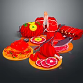 Fresh Raw Meat Selection With Sliced Meat Sausage Tomato And Noodles Arranged On Wooden Trays