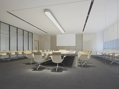 Modern Conference Room Interior With Long Meeting Table White Chairs Linear Lights And Large Windows 3d model