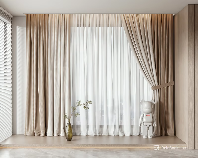 Beige and White Double Layer Curtains Living Room Window Sheer Linen with Decorative Vase and Figurine 3d model 