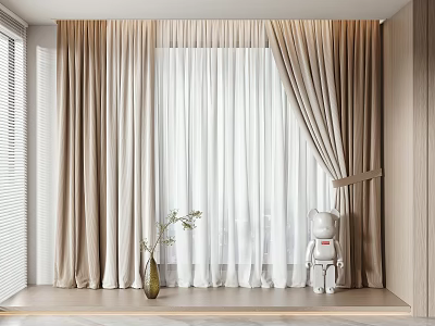 Beige and White Double Layer Curtains Living Room Window Sheer Linen with Decorative Vase and Figurine 3d model