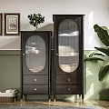 Black Sideboard with Round Glass Doors Drawers and Gold Legs in Modern Interior with Plant