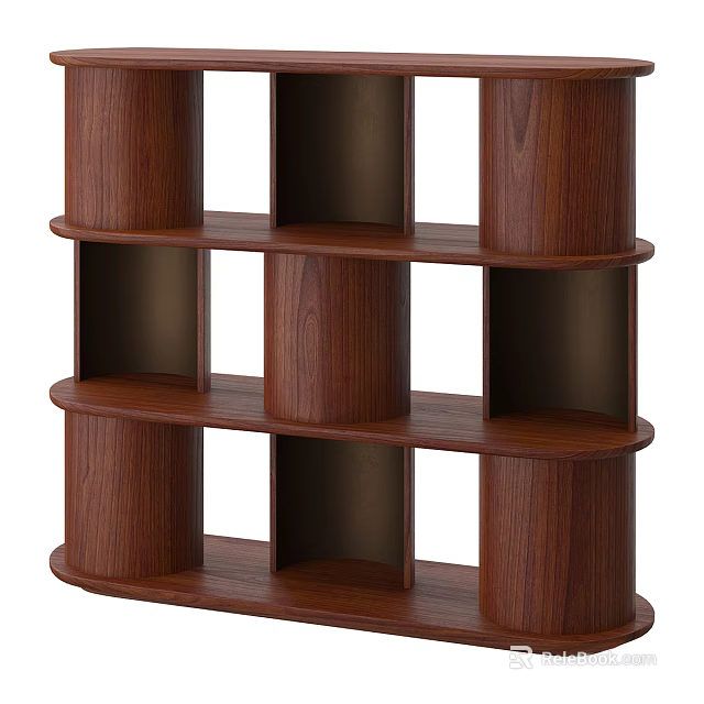Wooden Multi Tiered Storage Shelving Unit With Cylindrical Supports And Open Shelves 3d model 
