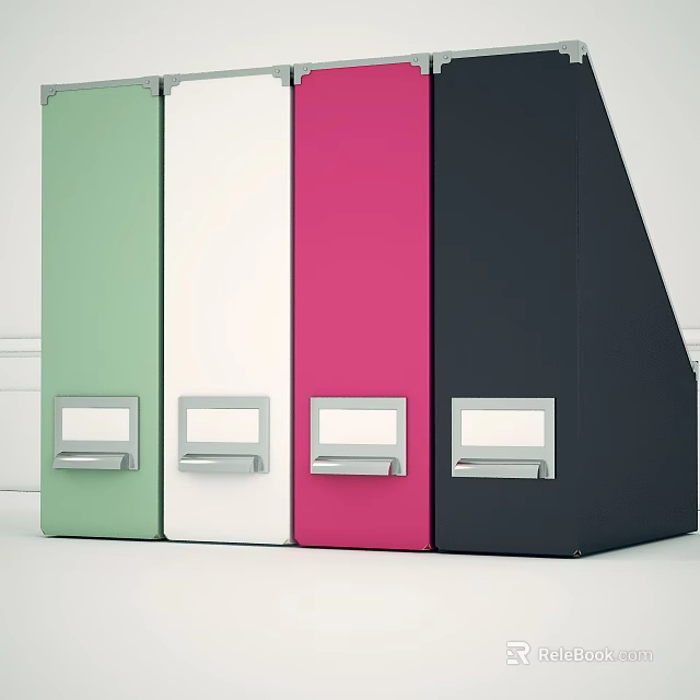 Green White Pink Black Folders With Silver Label Tabs For Workspace Organization 3d model 
