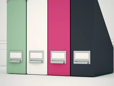 Green White Pink Black Folders With Silver Label Tabs For Workspace Organization 3d model