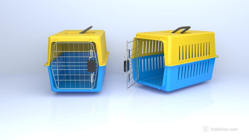 Yellow And Blue Plastic Pet Cage With Metal Door Open And Closed Design 3d model 