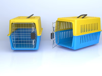 Yellow And Blue Plastic Pet Cage With Metal Door Open And Closed Design 3d model